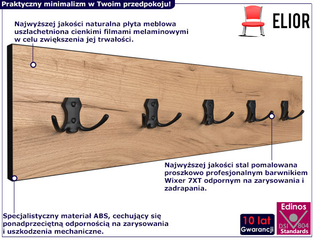 Infografika wieszaka ściennego dąb craft czarny Agola 5X