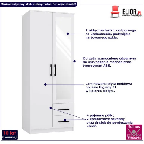 Szczegółowe zdjęcie nr 4 produktu Biała szafa wolnostojąca z lustrem - Amira 2X