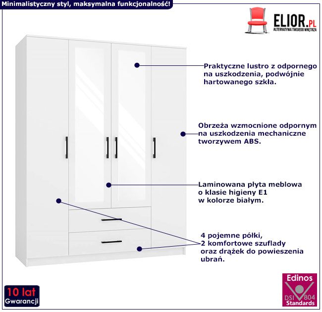 Duża biała szafa z lustrem na ubrania Amira 4X 160 cm