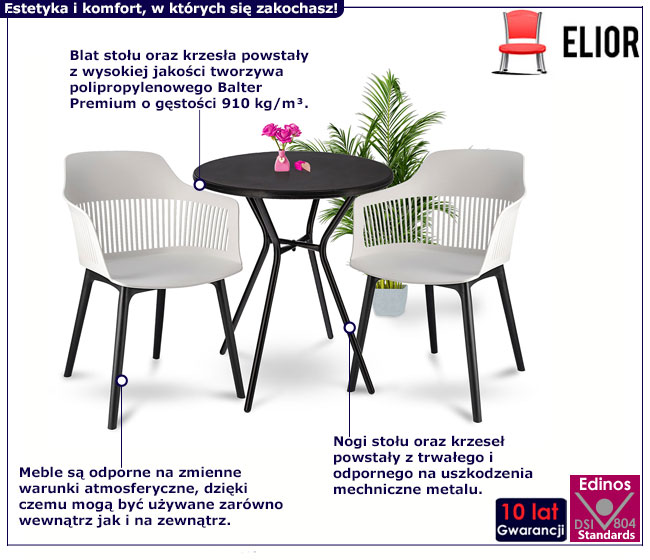 Zestaw mebli ogrodowych czarny stolik i białe krzesła Sarva