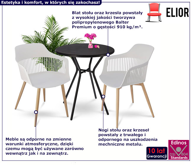 Komplet nowoczesnych mebli ogrodowych czarny stolik i dwa białe krzesła Sarva