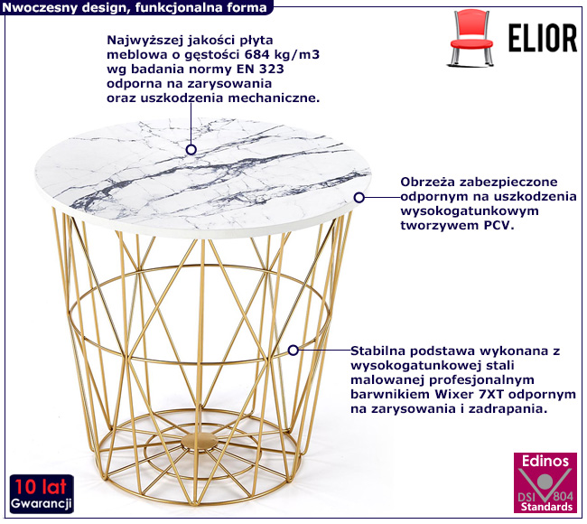 Nowoczesny biało-złoty stolik druciany Koleno