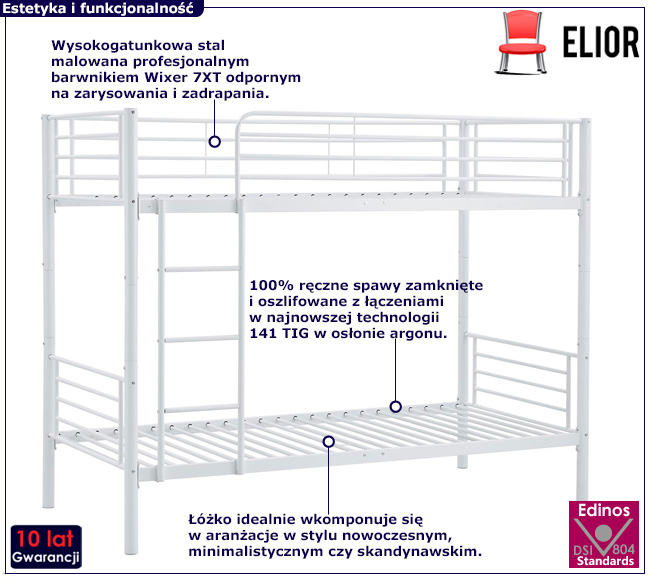 Białe metalowe łóżko piętrowe Apis