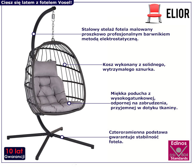 Szary podwieszany fotel ogrodowy Kirma