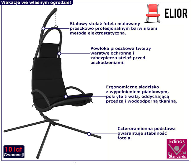 Czarny podwieszany fotel ogrodowy na stelażu Orix