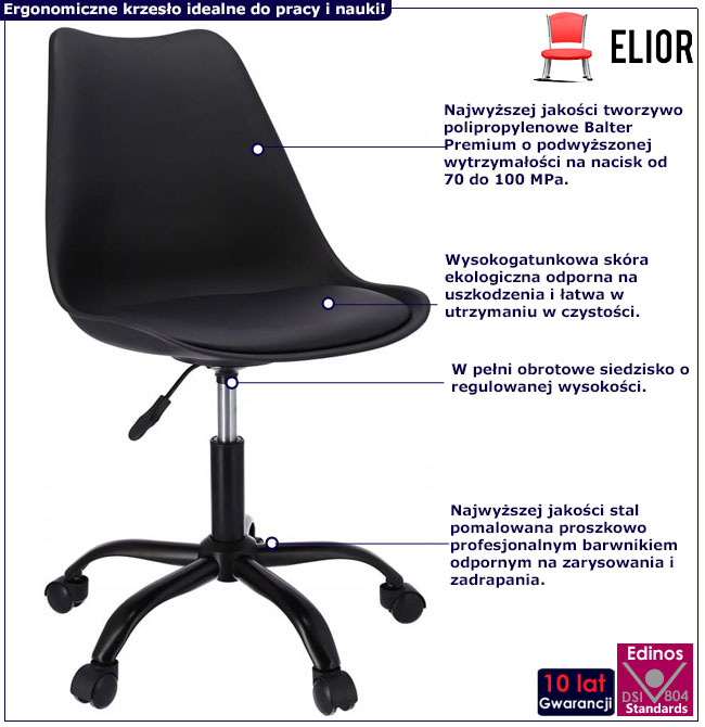Skandynawskie czarne krzesło obrotowe z poduszką Fosi 4X infografika