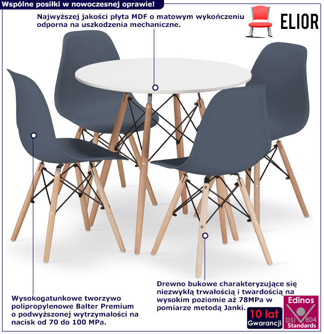 Biały stół 80 cm z 4 krzesłami do kuchni Osato 5X infografika