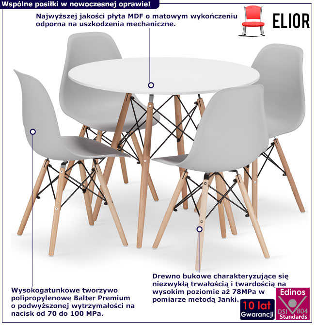 Biały stół 90 cm z 4 krzesłami do kuchni skandynawskiej Santino 6X infografika
