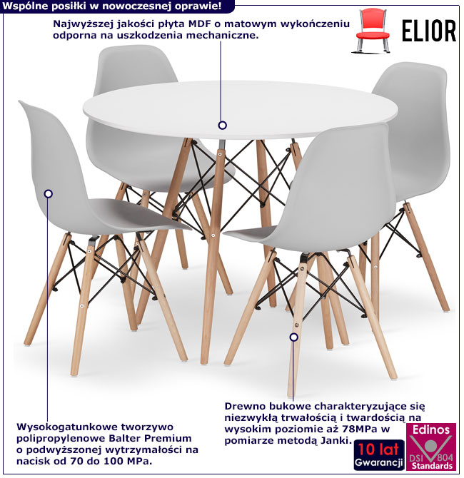 Biały stół 100 cm z 4 krzesłami do kuchni Osato 7X infografika