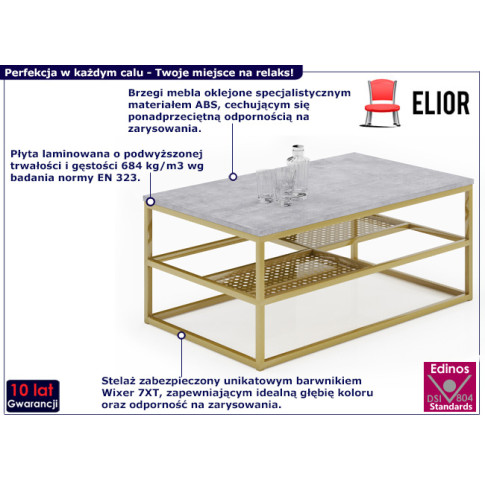 Prostokątny stolik Fusiors 3X beton złoty