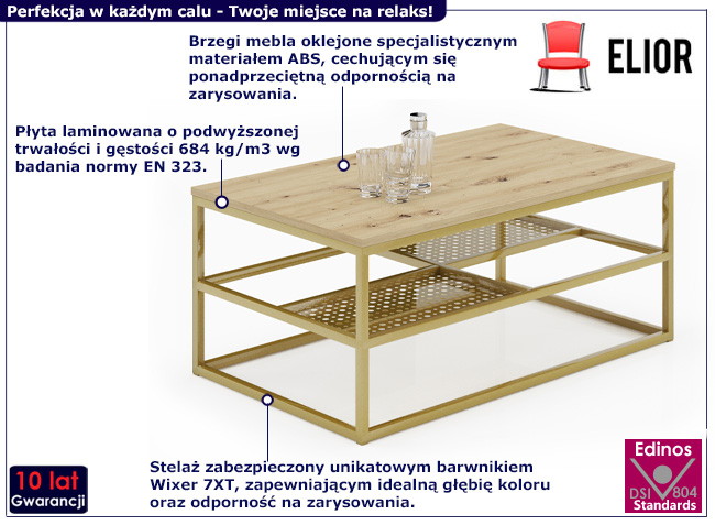 Stolik kawowy Hila 3X dąb artisan+złoty