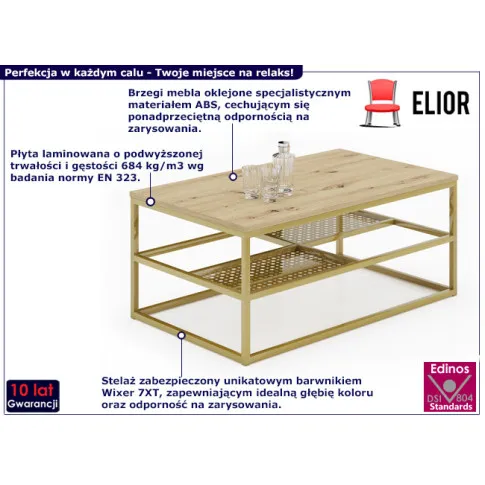 Prostokątny stolik Fusiors 3X dąb artisan złoty