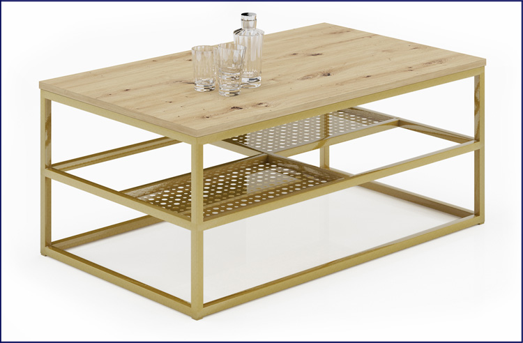 Ława z półką do salonu Hila 3X dąb artisan+złoty