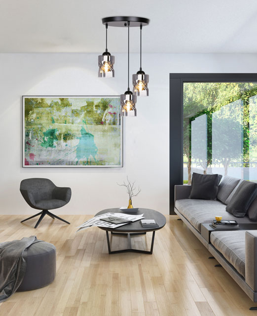 Wnętrze z wykorzystaniem nowoczesnej lampy wiszącej z 3 kloszami ze szkła dymionego Z026-Vido