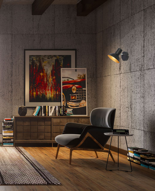 Industrialne wnętrze z wykorzystaniem metalowego kinkietu ze złotym środkiem Z027-Lovigr