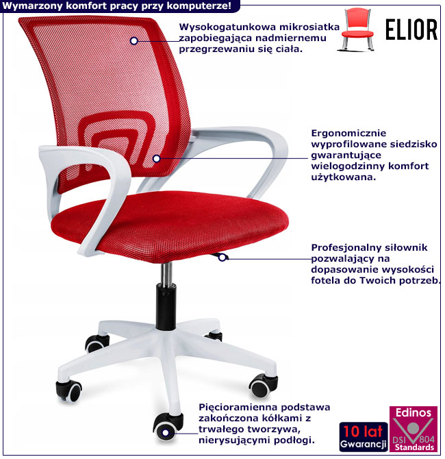 Ergonomiczne czerwone krzesło obrotowe do pracowni Azon 3X infografika