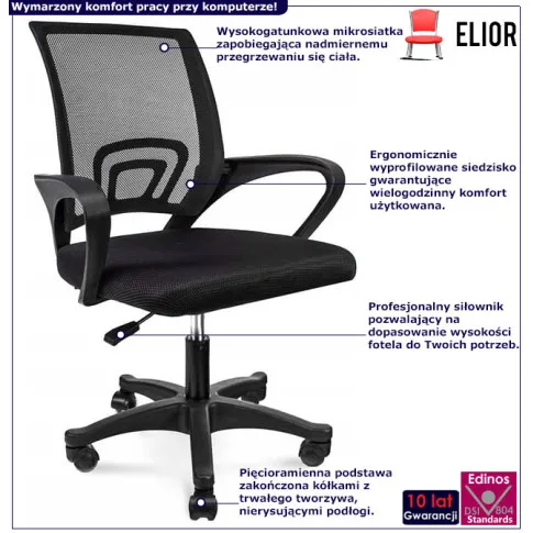 infografika czarnego ergonomicznego krzesła obrotowego Azon 4X