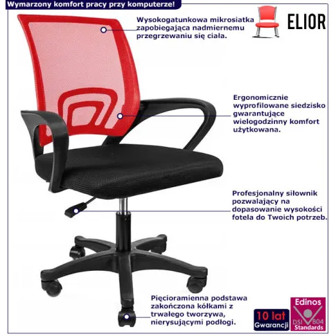 infografika czerwonego ergonomicznego krzesła obrotowego Azon 4X