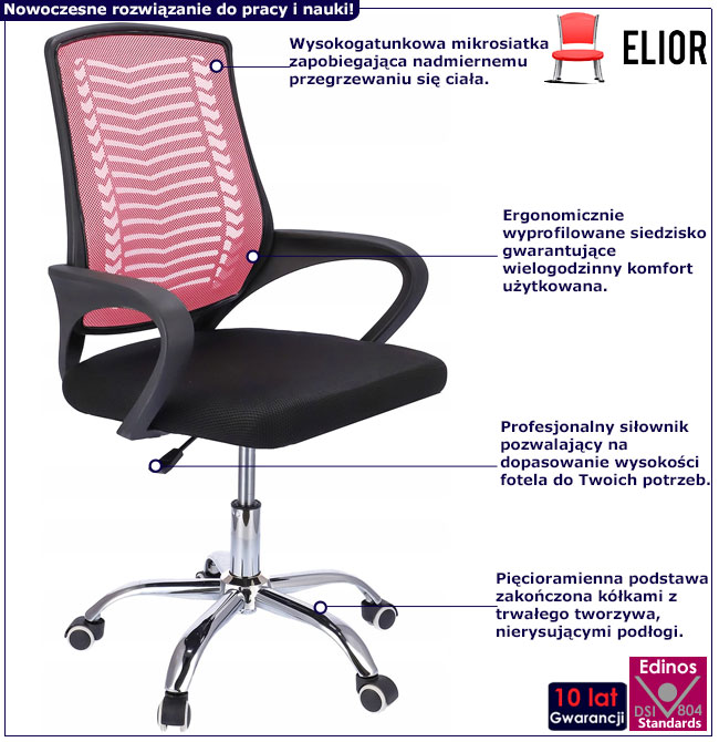 Infografika różowego krzesła obrotowego z podłokietnikami Roso