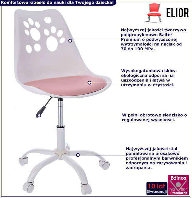 Biało różowe krzesło obrotowe dla dzieci Fiti 3X infografika