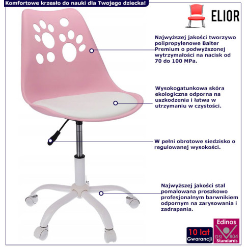 infografika różowo białego krzesła obrotowego dla dzieci Fiti 3X