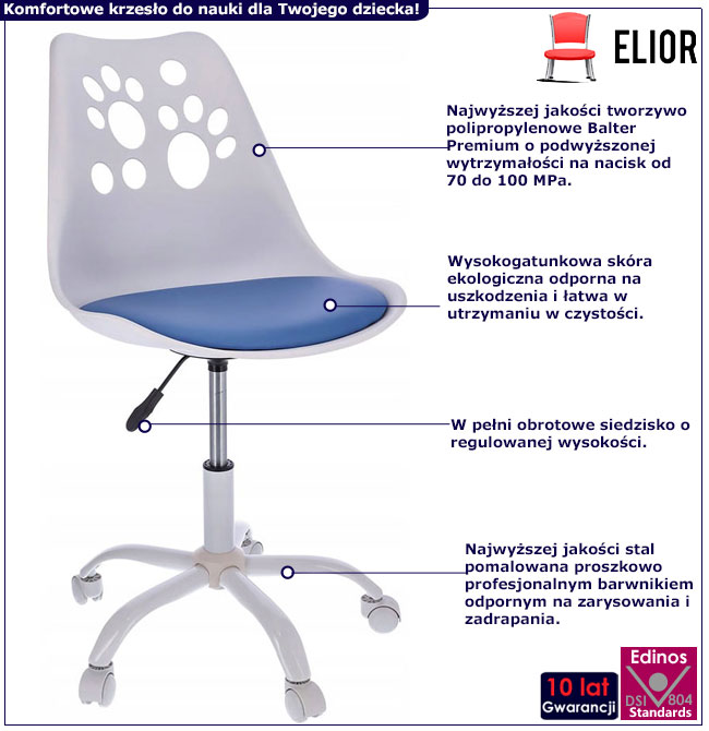 Biało niebieski dziecięcy fotel obrotowy Crasio 3X infografika