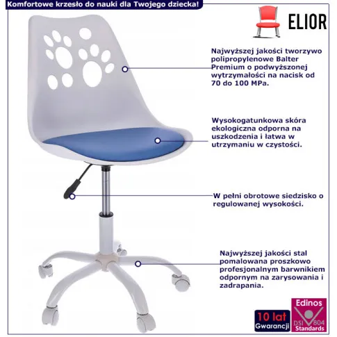 infografika biało niebieskiego krzesła obrotowego dla dzieci Fiti 3X