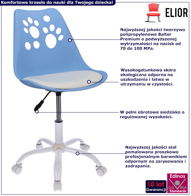 Niebiesko-białe krzesło do komputera dla dzieci Fiti 3X infografika