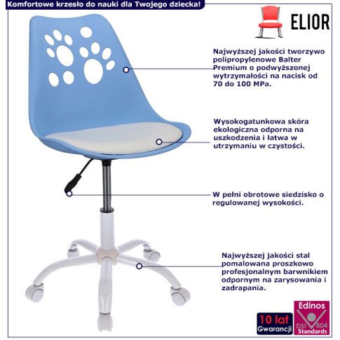 infografika niebiesko białego krzesła obrotowego dla dzieci Fiti 3X