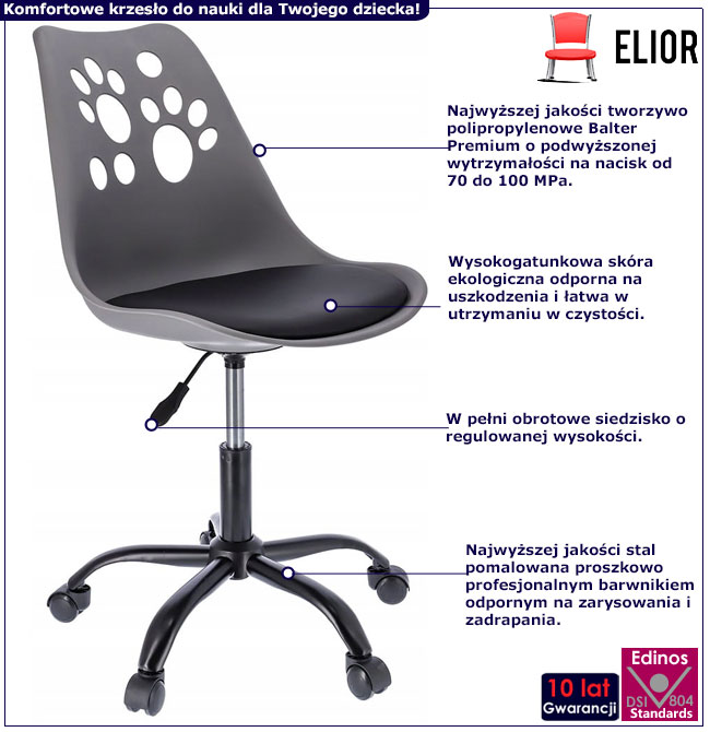 Infografika szaro czarnego krzesła obrotowego z łapkami Fiti 4X