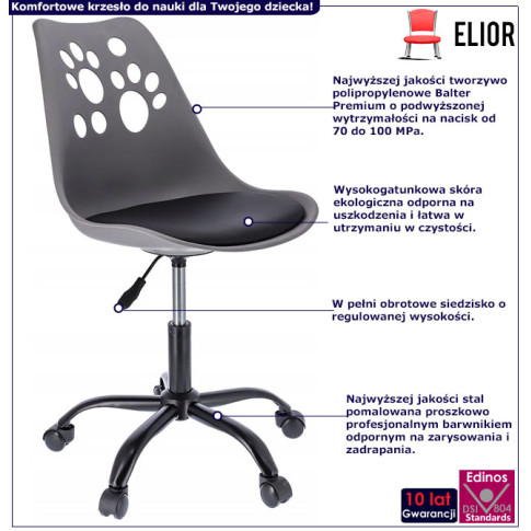 infografika szaro czarnego krzesła obrotowego dla dzieci Fiti 4X