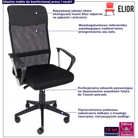 infografika czarnego ergonomicznego fotela obrotowego do biurka Egon