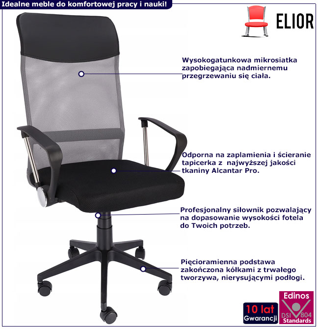 Infografika szaro-czarnego krzesła obrotowego Egon