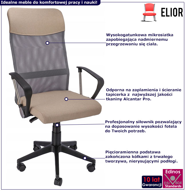 Infografika beżowego fotela obrotowego z regulacją Arend