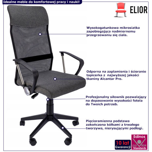 infografika ciemnoszarego ergonomicznego fotela obrotowego Egon