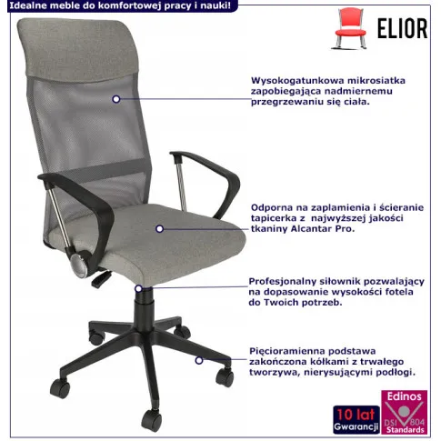 infografika jasnoszarego ergonomicznego fotela obrotowego do biurka Egon