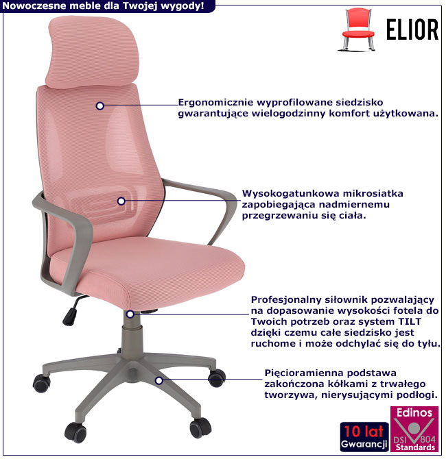 Różowy fotel obrotowy do komputera Uris infografika
