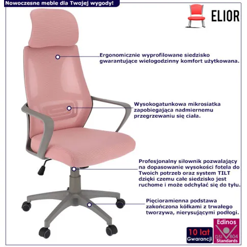 infografika różowego ergonomicznego biurowego krzesła obrotowego Uris