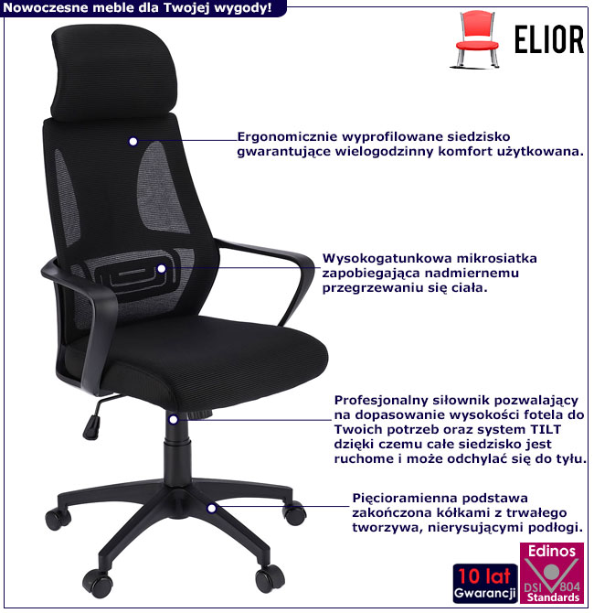 Czarny fotel obrotowy do komputera Uris infografika