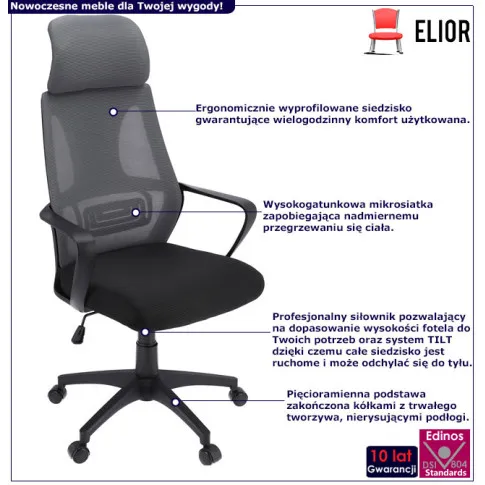 infografika szarego czarnego ergonomicznego biurowego krzesła obrotowego Uris