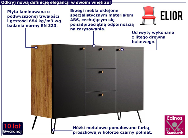 Komoda na metalowych nóżkach Zorina 3X dab craft+czarny