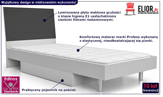 Popielate łóżko młodzieżowe z materacem Kormi 90x200