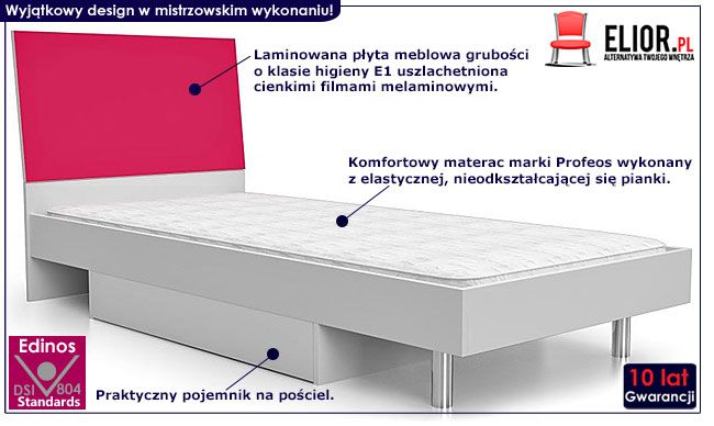 Różowe łóżko dla dziewczynki z materacem 90x200 Kormi