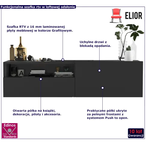 Loftowa wisząca szafka rtv grafitowa Landor 8X