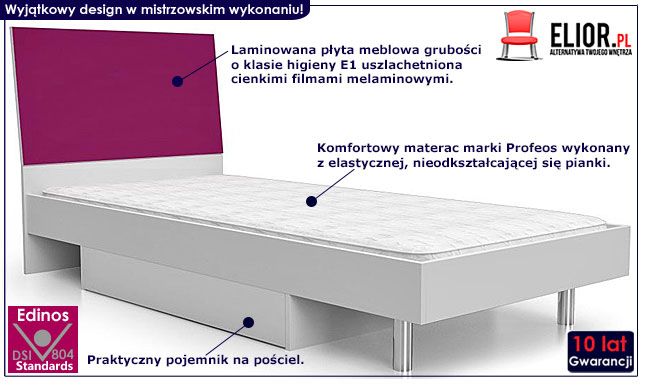 Fioletowe łóżko młodzieżowe z materacem 90x200 Kormi