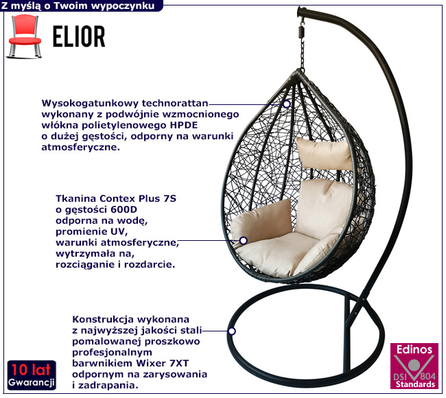 Antracytowy fotel wiszący do ogrodu Gadon