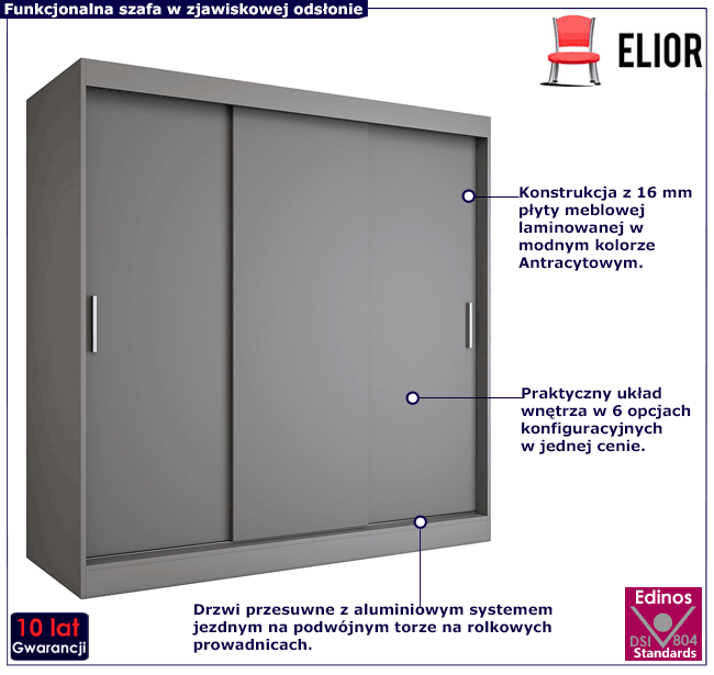 Szafa przesuwna 200 cm antracyt Erco 6X