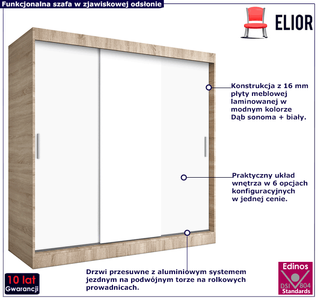 Szafa przesuwna 200 cm dąb sonoma+biały Erco 6X