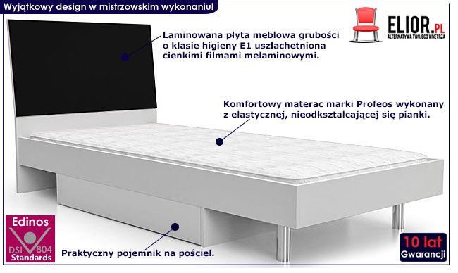 Czarne łóżko młodzieżowez szufladąn na pościel  90x200 Ilmsa