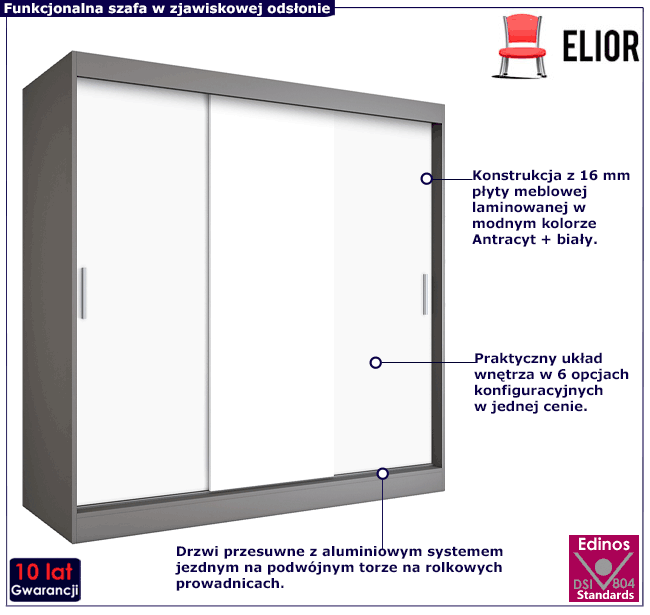 Szafa przesuwna 200 cm biały + antracyt Erco 6X